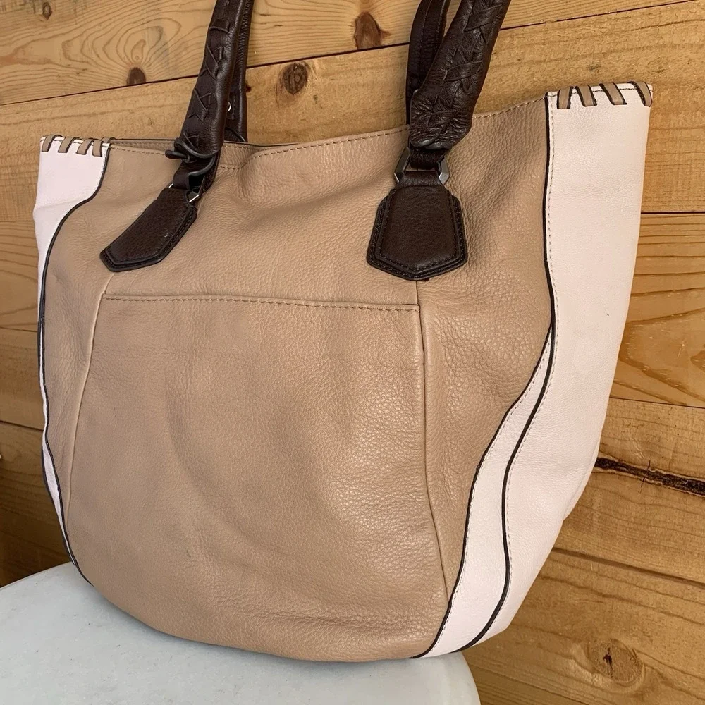 OrYANY‎ Lyssie Tan/Pink/Brown Colorblock Soft Pebbled Leather Tote Hobo Purse